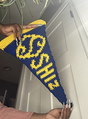 Person holds blue and yellow Shiz University pennant flag
