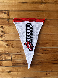 Crochet pennant flag features image of the legs of the Wicked Witch of the East, Nessarose