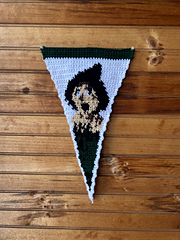 Crochet pennant flag features image of the scarecrow