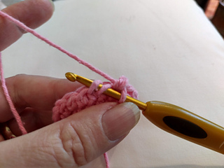 Twist the hook to pick up the front loop of the second stitch you are decreasing from.