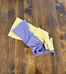 Yellow Schali is knitted with My Joy from Gepard, violet Schali is knitted with Merry merino 140 from Kremke