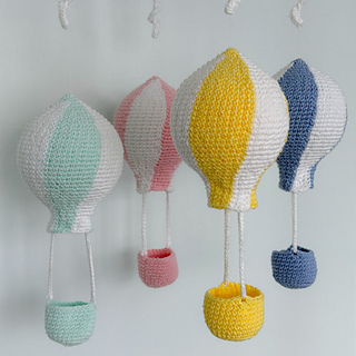 Crochet Hot Air Balloons made in Paintbox Cotton DK - Daffodil Yellow, Macaroon Green, Rosy Pink, Summer Sky Blue and Paper White. 