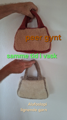 same patter. same wash. Different yarn. The upper is Peer Gynt. The lower is a Alafos Lopi kind of yarn