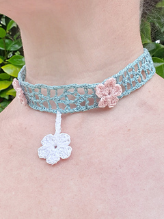 Light Green crochet lace strip, Simple Summer Sash, worked in fine thread as a choker, appliquéd with pink and white flowers (shown worn).