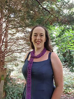 Purple crochet lace strip, Simple Summer Sash, worn by a woman as scarf 