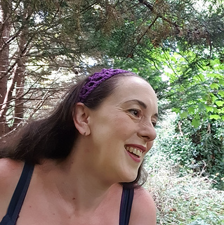 Purple crochet lace strip, Simple Summer Sash, worn by a woman as  hairband