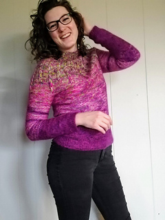 Size 38.5" shown on a 36" model. Knit with a variety of Stash yarn, *see knitter's project page for info