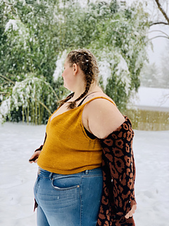 55" garment on 53" bust, body knit to 11", straps knit to 4.25"
