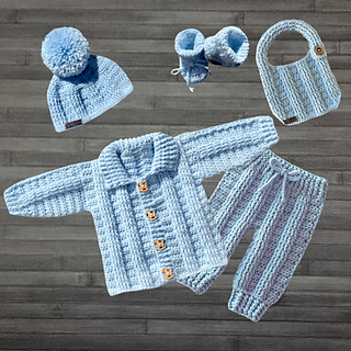Zeb cardigan hat and booties set and Zeb baby pants and Zeb bib all available as separate patterns