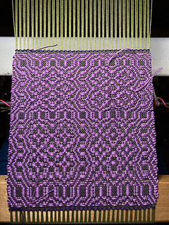 #1. Kelp warp, purple tabby weft, verbena pattern weft.
