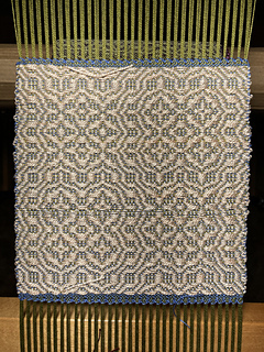 Week 2 #3, Kelp warp, periwinkle tabby weft, creamy light pink pattern weft