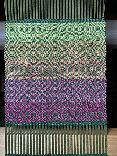 Week 3 #2, Kelp warp, forest green tabby weft, magenta to yellow fade