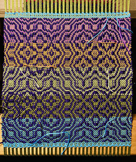 Week 3 #3. Kelp warp, purple pattern weft. Tabby weft, from bottom, sky blue, kelp, butter yellow, sherbert orange, verbena.