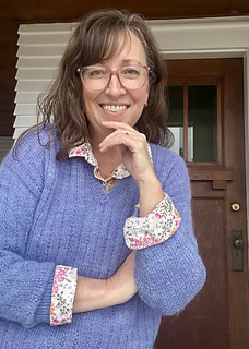 Heather's version knit in Sew Happy Jane Joyful Fingering & Featherdown Suri Lace