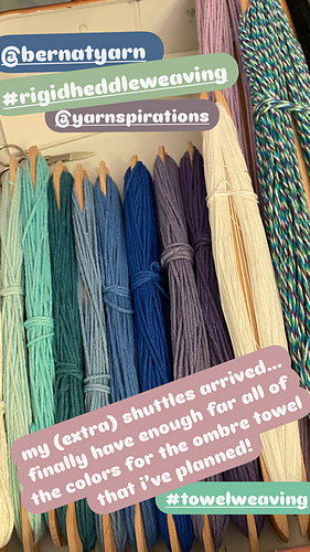 all of the yarns for this towel set, on their shuttles