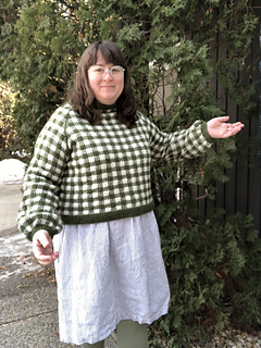 51" garment on 42" bust. Body knit to 13". Sleeves knit to 18".