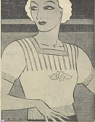 DON'T YOU LIKE IT? Light, smart, and yet it offers warm protection
against any undue dropping of the thermometer on fresh, invigorating days of spring. Bertha Maxwell considers this jumper the ideal type of garment to accompany her spring outfit, and you'll find it the easiest little affair to knit!