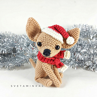 Crochet Chihuahua in a Santa hat & scarf (ideal for holiday decor under the tree!)