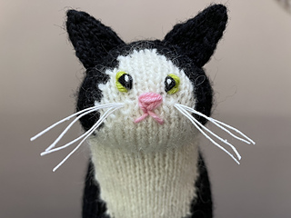 For the eyes, I started with the black, then did outer edge in green.  Added one little bit of white in each for a glint.  None of that yarn is secured… just pulled through the head!  NOT safe for cats or kids :smile_cat: