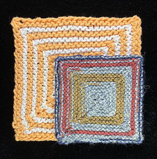 Two 91-stitch blocks: 4.75" square with U.S. #7 needles, 3.25" square with U.S. #3 needles