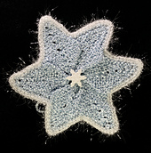 SIX petals of sparkly blue yarn slightly overlapped and edged with 1 row single crochet of Arctic Rays by Rainbow Gallery