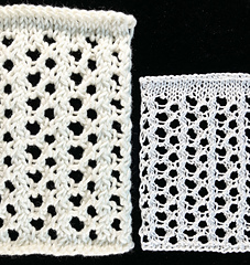 Left: Bernat's Softee yarn with U.S. #6 needles, Right: #10 crochet thread with U.S. #2 needles